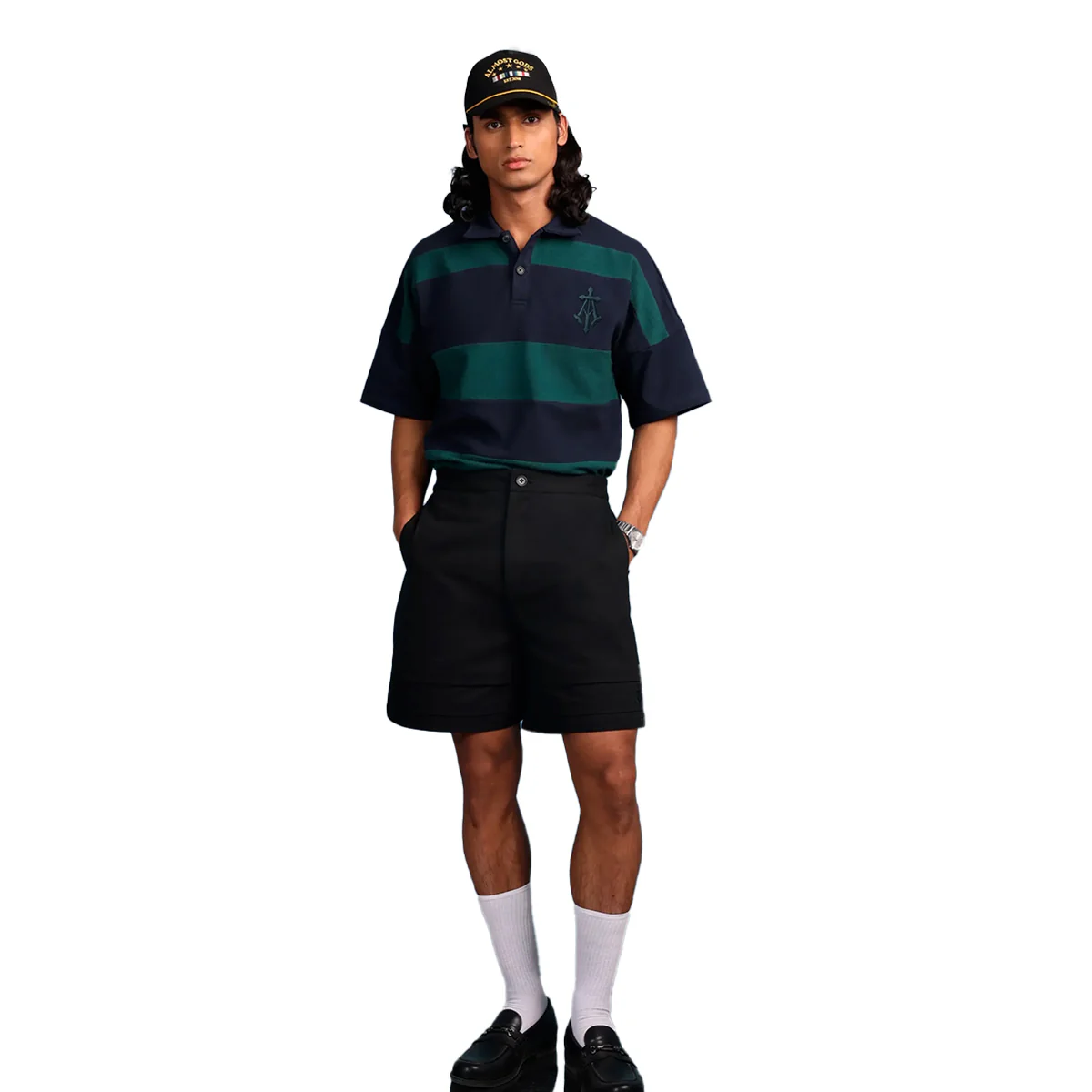 Alpha Cross Woven Striped Polo In Navy And Green