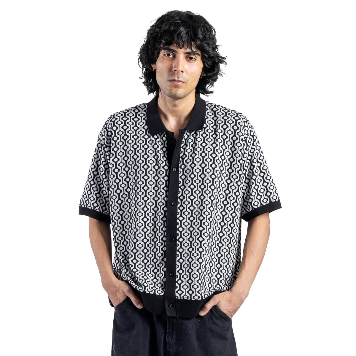 Testament Button Front Polo Ss Bkm